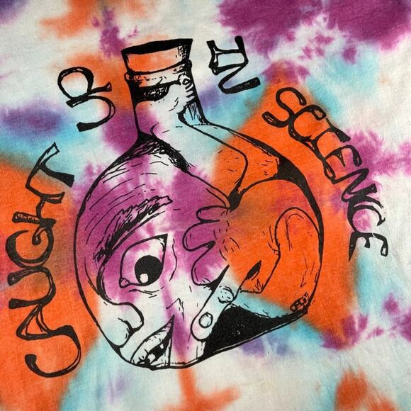 Vintage 90s Science Beaker Face Tie-Dye T-Shirt 'Caught Up in Science' Large - Picture 2 of 4